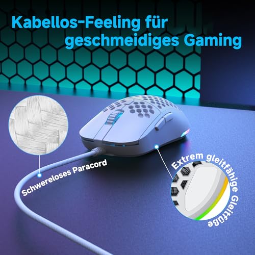 Dierya M1SE Gaming Maus mit Kabel, Ultra-Leicht, 12800DPI Sensor, 6 Programmierbare Tasten, RGB-Beleuchtung & Paracord-Kabel - Mattweiß Bild 5