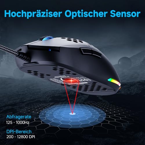 Dierya M1SE Gaming Maus mit Kabel, Ultra-Leicht, 12800DPI Sensor, 6 Programmierbare Tasten, RGB-Beleuchtung & Paracord-Kabel - Mattschwarz Bild 2