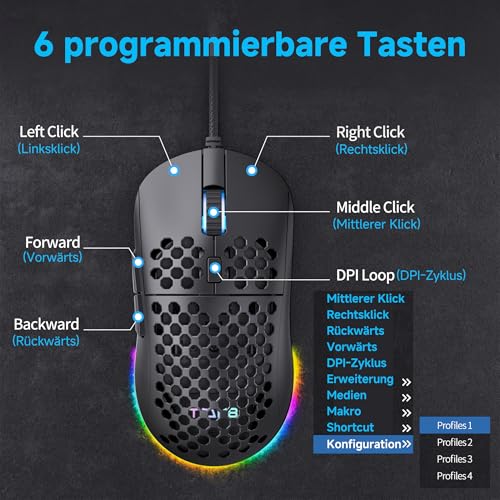 Dierya M1SE Gaming Maus mit Kabel, Ultra-Leicht, 12800DPI Sensor, 6 Programmierbare Tasten, RGB-Beleuchtung & Paracord-Kabel - Mattschwarz Bild 3