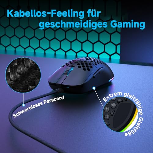 Dierya M1SE Gaming Maus mit Kabel, Ultra-Leicht, 12800DPI Sensor, 6 Programmierbare Tasten, RGB-Beleuchtung & Paracord-Kabel - Mattschwarz Bild 5