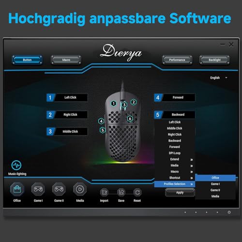 Dierya M1SE Gaming Maus mit Kabel, Ultra-Leicht, 12800DPI Sensor, 6 Programmierbare Tasten, RGB-Beleuchtung & Paracord-Kabel - Mattschwarz Bild 7