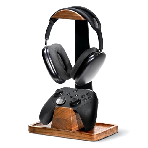 UPERGO Headset Stand with Gaming Controller Holder, Walnut Wood Headphone Stand with Storage Base, Gaming Equipment Accessories for Desk Bild 1