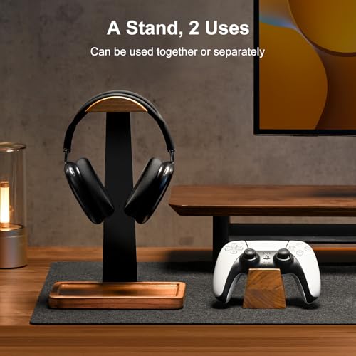 UPERGO Headset Stand with Gaming Controller Holder, Walnut Wood Headphone Stand with Storage Base, Gaming Equipment Accessories for Desk Bild 2