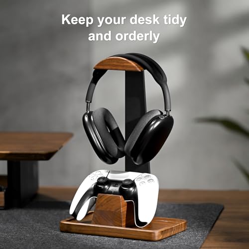 UPERGO Headset Stand with Gaming Controller Holder, Walnut Wood Headphone Stand with Storage Base, Gaming Equipment Accessories for Desk Bild 3