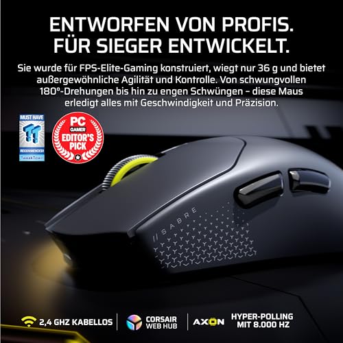 Corsair Sabre v2 PRO Ultralight Wireless FPS Gaming-Maus – 33K DPI, 36g Gewicht, 8,000Hz Hyper-Polling, Mechanische Tastenschalter, Bis zu 70 Stunden Kabellose Akkulaufzeit, Web Hub – Schwarz Bild 2