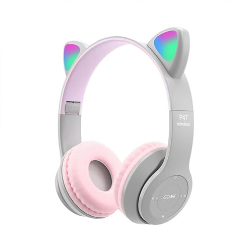 Kabelloses Gaming-Headset, Bluetooth 5.0, faltbares, kabelloses Gaming-Headset, niedliche Katzenohren, LED-beleuchtete Over-Ear-Kopfhörer, leichte Over-Ear-Kopfhörer (grau + rosa) Bild 1