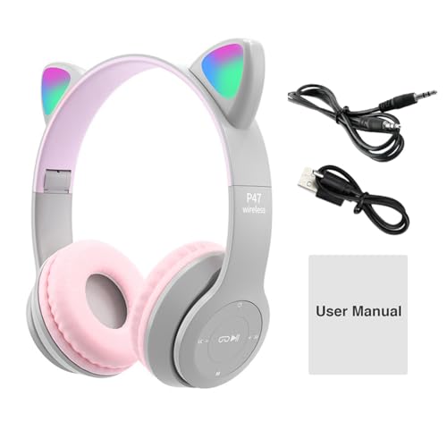Kabelloses Gaming-Headset, Bluetooth 5.0, faltbares, kabelloses Gaming-Headset, niedliche Katzenohren, LED-beleuchtete Over-Ear-Kopfhörer, leichte Over-Ear-Kopfhörer (grau + rosa) Bild 2