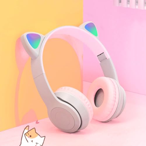 Kabelloses Gaming-Headset, Bluetooth 5.0, faltbares, kabelloses Gaming-Headset, niedliche Katzenohren, LED-beleuchtete Over-Ear-Kopfhörer, leichte Over-Ear-Kopfhörer (grau + rosa) Bild 3