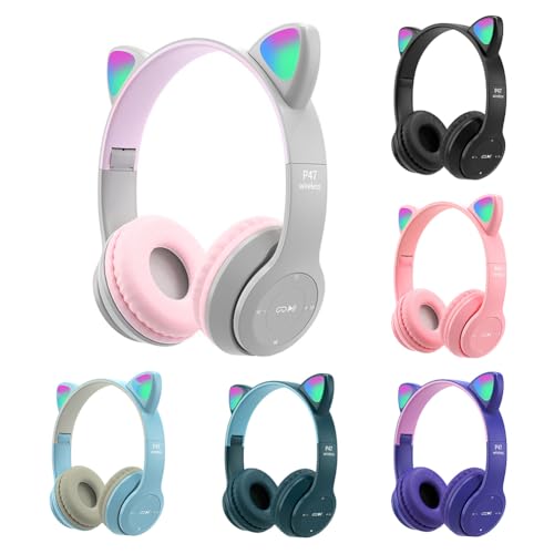 Kabelloses Gaming-Headset, Bluetooth 5.0, faltbares, kabelloses Gaming-Headset, niedliche Katzenohren, LED-beleuchtete Over-Ear-Kopfhörer, leichte Over-Ear-Kopfhörer (grau + rosa) Bild 4