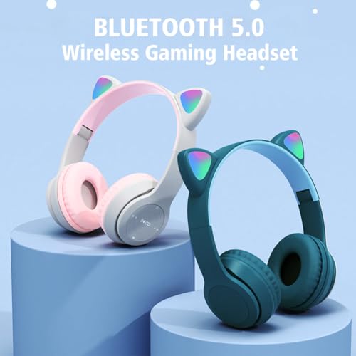 Kabelloses Gaming-Headset, Bluetooth 5.0, faltbares, kabelloses Gaming-Headset, niedliche Katzenohren, LED-beleuchtete Over-Ear-Kopfhörer, leichte Over-Ear-Kopfhörer (grau + rosa) Bild 5