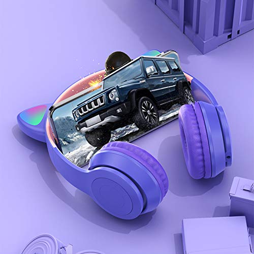 Kabelloses Gaming-Headset, Bluetooth 5.0, faltbares, kabelloses Gaming-Headset, niedliche Katzenohren, LED-beleuchtete Over-Ear-Kopfhörer, leichte Over-Ear-Kopfhörer (grau + rosa) Bild 6