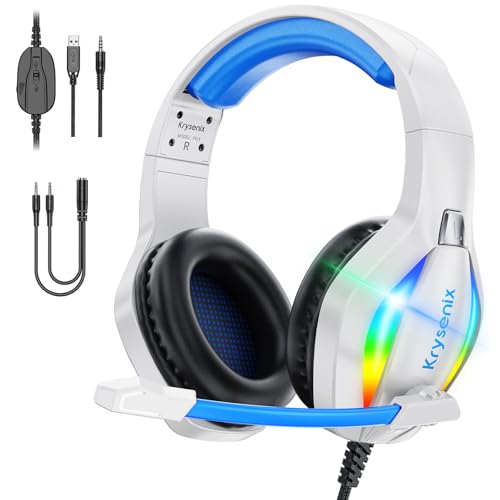 Krysenix PG1 RGB Gaming Headset für PS4, PS5, PC, Xbox,Switch, Kabel Gaming Kopfhörer mit LED Licht, Over Ear Computer Headset mit Noise Cancelling Mikrofon und 3,5 mm Klinke,Hell Blau Bild 1