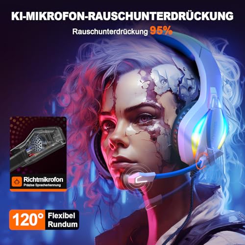 Krysenix PG1 RGB Gaming Headset für PS4, PS5, PC, Xbox,Switch, Kabel Gaming Kopfhörer mit LED Licht, Over Ear Computer Headset mit Noise Cancelling Mikrofon und 3,5 mm Klinke,Hell Blau Bild 3