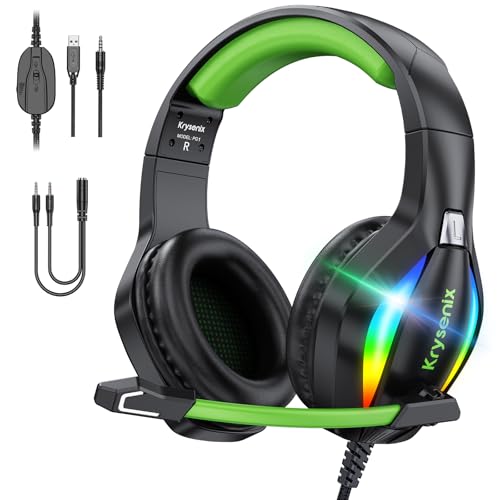 Krysenix PG1 RGB Gaming Headset für PS4, PS5, PC, Xbox,Switch, PS5 Gaming Kopfhörer mit LED Licht, Over Ear PC Headset mit Noise Cancelling Mikrofon und 3,5 mm Klinke,Dunkel grün Bild 1
