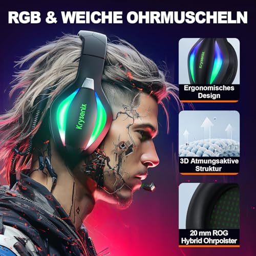 Krysenix PG1 RGB Gaming Headset für PS4, PS5, PC, Xbox,Switch, PS5 Gaming Kopfhörer mit LED Licht, Over Ear PC Headset mit Noise Cancelling Mikrofon und 3,5 mm Klinke,Dunkel grün Bild 2