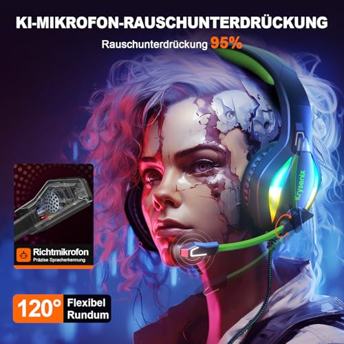 Krysenix PG1 RGB Gaming Headset für PS4, PS5, PC, Xbox,Switch, PS5 Gaming Kopfhörer mit LED Licht, Over Ear PC Headset mit Noise Cancelling Mikrofon und 3,5 mm Klinke,Dunkel grün Bild 3