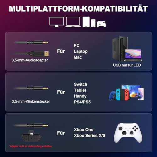 Krysenix PG1 RGB Gaming Headset für PS4, PS5, PC, Xbox,Switch, PS5 Gaming Kopfhörer mit LED Licht, Over Ear PC Headset mit Noise Cancelling Mikrofon und 3,5 mm Klinke,Dunkel grün Bild 6