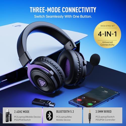 EKSA 2,4GHz Wireless Gaming Headset für PS5/PS4/PC/Switch/Mac, Bluetooth 5.3 Gaming Kopfhörer Kabellos mit Mikrofon, 30ms Latenz, 80 Stunden Akkulaufzeit, LED, USB PC Headset Bild 2