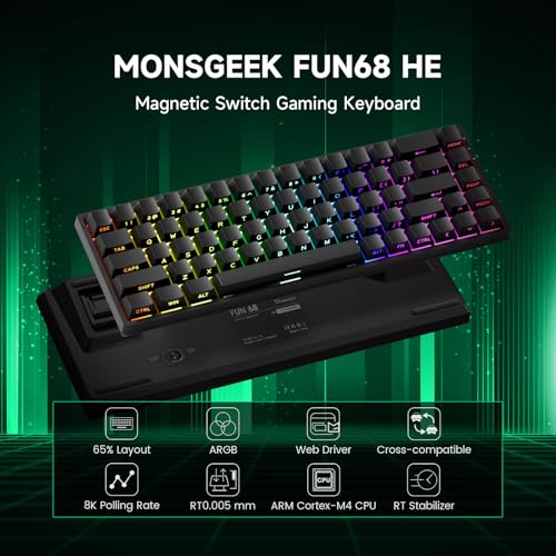 MONSGEEK FUN68 HE Rapid Trigger Tastatur, 0,005 mm Reaktionszeit, 8000 Hz Abtastrate, kabelgebundene RGB-Gaming-Tastatur mit Magnetschaltern, Einstellbarer Auslösehärte, Snap-Tap (Schwarz) Bild 2