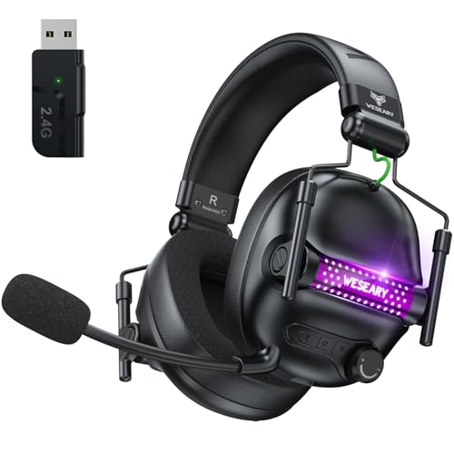 WESEARY Gaming Headset mit Mikrofon, 2,4 G kabelloses Gaming-Headset für PS5, PS4, PC, Switch, Mac, Faltbarer Surround Sound Noise Cancelling Kopfhörer mit LED Licht, Über 50 Stunden Akkulaufzeit Bild 1