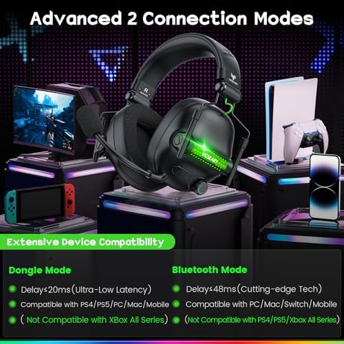WESEARY Gaming Headset mit Mikrofon, 2,4 G kabelloses Gaming-Headset für PS5, PS4, PC, Switch, Mac, Faltbarer Surround Sound Noise Cancelling Kopfhörer mit LED Licht, Über 50 Stunden Akkulaufzeit Bild 4