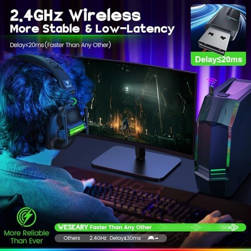 WESEARY Gaming Headset mit Mikrofon, 2,4 G kabelloses Gaming-Headset für PS5, PS4, PC, Switch, Mac, Faltbarer Surround Sound Noise Cancelling Kopfhörer mit LED Licht, Über 50 Stunden Akkulaufzeit Bild 6