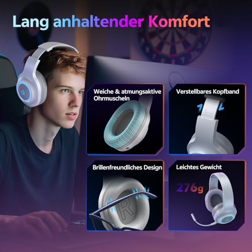 QCY HEROAD V200 Gaming Headset,2.4GHz Wireless Headset mit mikrofon für PS5,PS4,PC,Switch,Abnehmbares Noise Cancelling mit Mikro,7.1 Surround Sound,240 Stunden Akkulaufzeit,RGB Lichter Bild 3