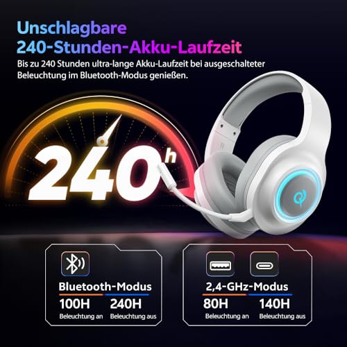 QCY HEROAD V200 Gaming Headset,2.4GHz Wireless Headset mit mikrofon für PS5,PS4,PC,Switch,Abnehmbares Noise Cancelling mit Mikro,7.1 Surround Sound,240 Stunden Akkulaufzeit,RGB Lichter Bild 6