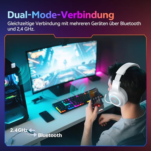 QCY HEROAD V200 Gaming Headset,2.4GHz Wireless Headset mit mikrofon für PS5,PS4,PC,Switch,Abnehmbares Noise Cancelling mit Mikro,7.1 Surround Sound,240 Stunden Akkulaufzeit,RGB Lichter Bild 7