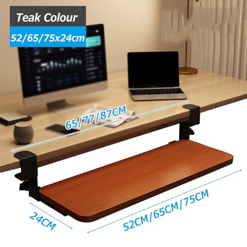 Tastaturablage aus Holz für Tastatur und Maus, platzsparend, einfache Lagerung, Teakholz, 52/65/75 x 24 cm, perfekt für Home Office und Gaming Setup Bild 2