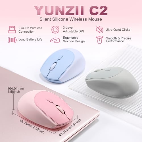 YUNZII C2 Drahtlose Maus, 2,4 GHz Silikon-Lautlose Funkmaus, 3 Verstellbare DPI, 1600 DPI Tracking, Ergonomisch für Laptop/PC/Mac (Rosa) Bild 2