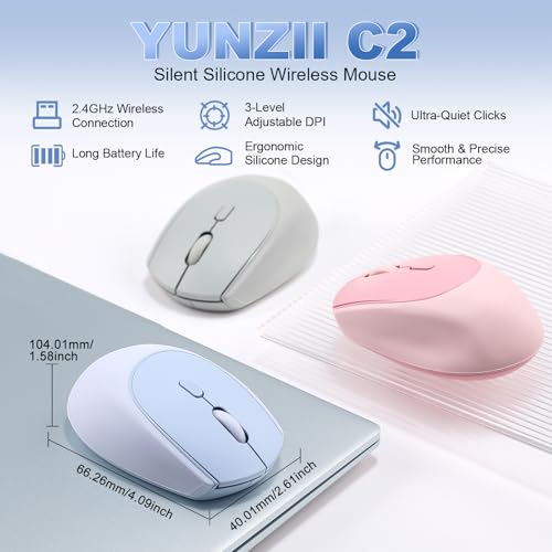 YUNZII C2 Drahtlose Maus, 2,4 GHz Silikon-Lautlose Funkmaus, 3 Verstellbare DPI, 1600 DPI Tracking, Ergonomisch für Laptop/PC/Mac (Blau) Bild 2