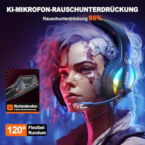 Krysenix PG1 RGB Gaming Headset für PS4, PS5, PC, Nintendo Switch, Xbox, Headset mit Mikrofon, Gaming Kopfhörer mit Mikrofon, Noise Cancelling Kopfhörer mit 3.5mm Klinke Schwarz Bild 3