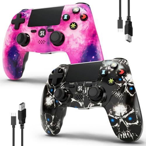 2er-Pack Kabelloser Controller für PS4, Multi-Plattform Controller kompatibel mit PS4/Pro/Slim/PC/iOS/Android/MacOS, mit Dual-Vibration/3,5-mm-Audio-Buchse/empfindlichem Touchpad (Rosa & Schädel) Bild 1