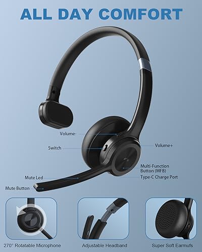 ANSTEN Bluetooth Headset mit Mikrofon | Wireless Headset mit Geräuschunterdrückung, 30 Stunden Anrufe, PC Headset Bluetooth V5.2 für Callcenter, Büro, Zoom Bild 5