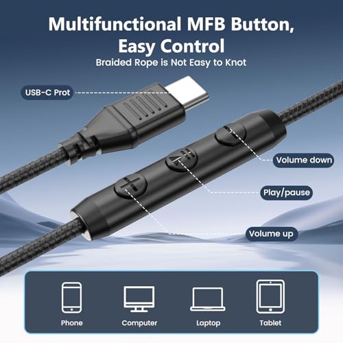 Bywulanda USB-C Kabelgebundene Over-Ear-Kopfhörer, Kabelgebundenes Stereo-Headset mit Mikrofon, Lautstärkeregler, Komfortabler, Faltbarer Kopfhörer für iPhone 15/16/17, Samsung/Laptop/Tablets/Reisen Bild 4