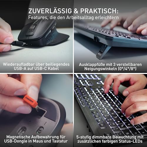 CHERRY Stream Desktop Ultimate, Kabelloses Multi-Device Tastatur-Maus-Set, Deutsches Layout (QWERTZ), Ergonomische Rechtshändermaus, Wiederaufladbar, Schwarz Bild 6
