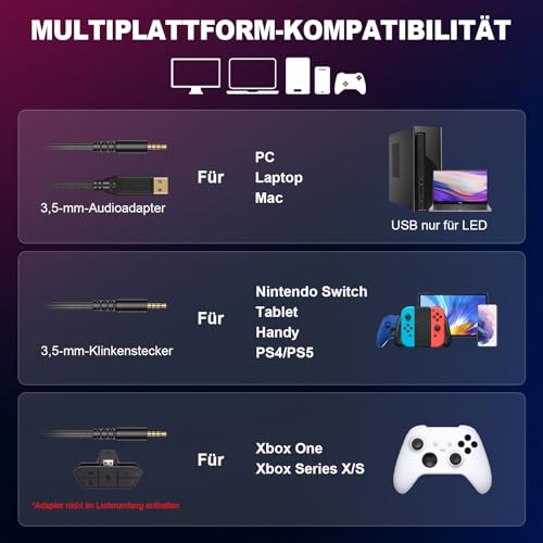 Generisch PG1 Wired Gaming Headset für PS4, PS5, PC, Switch, Xbox, Headset mit Mikrofon, Gaming Headset mit Mikrofon, Noise Cancelling Kopfhörer mit 3.5mm Klinke Schwarz Blau Bild 6