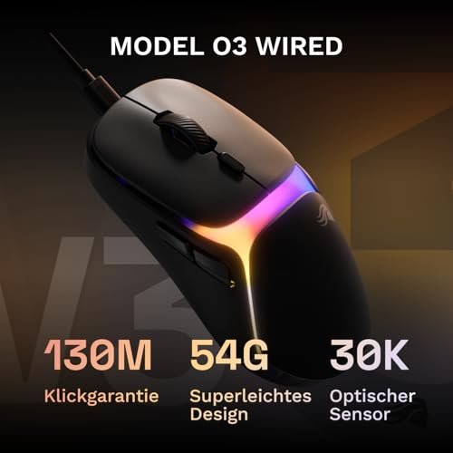 GLORIOUS Gaming – Model O3 Wired-Gaming-Maus – Ultraleicht (54 g), optische klick-Switches (130 Mio.), 30K-DPI-BAMF-3.0-Sensor, 750 IPS Tracking, 50G Beschleunigung, für alle Griffarten – Schwarz Bild 2