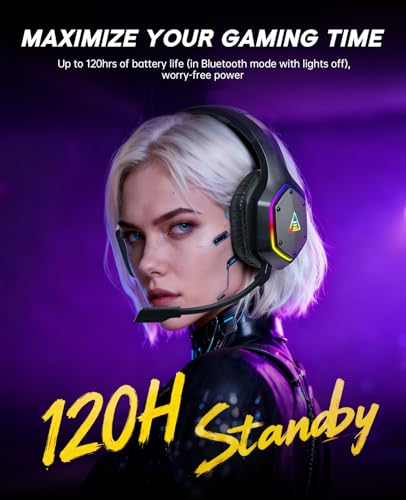 EKSA E1000BT Wireless Gaming Headset für PS5/PS4/PC/Switch/Mac, Bluetooth 5.4 Gaming Kopfhörer Kabellos mit Mikrofon 7.1 Surrond Sound,120 Stunden Akkulaufzeit, RGB, 2,4GHz USB PC Headset Bild 3