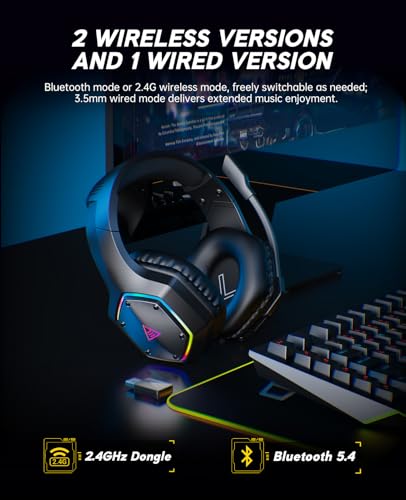 EKSA E1000BT Wireless Gaming Headset für PS5/PS4/PC/Switch/Mac, Bluetooth 5.4 Gaming Kopfhörer Kabellos mit Mikrofon 7.1 Surrond Sound,120 Stunden Akkulaufzeit, RGB, 2,4GHz USB PC Headset Bild 4