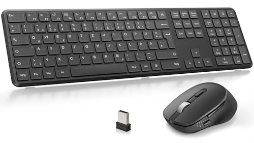 OMOTON Tastatur Maus Set Kabellos, Funktastatur und Maus 2,4 GHz in Voller Größe, QWERTZ Deutsches Kabellose Tastatur mit Maus für Windows 11/10/8/7, Desktop, PC, Laptop (Batteriebetrieben), Schwarz Bild 1