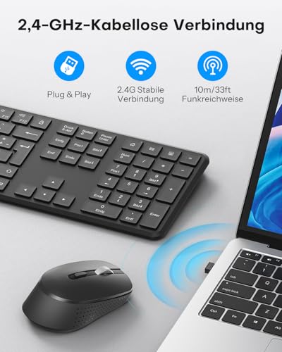 OMOTON Tastatur Maus Set Kabellos, Funktastatur und Maus 2,4 GHz in Voller Größe, QWERTZ Deutsches Kabellose Tastatur mit Maus für Windows 11/10/8/7, Desktop, PC, Laptop (Batteriebetrieben), Schwarz Bild 2