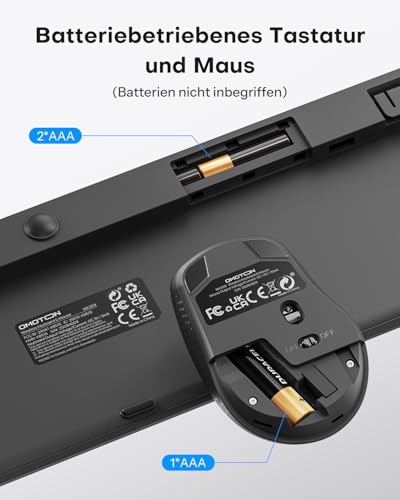 OMOTON Tastatur Maus Set Kabellos, Funktastatur und Maus 2,4 GHz in Voller Größe, QWERTZ Deutsches Kabellose Tastatur mit Maus für Windows 11/10/8/7, Desktop, PC, Laptop (Batteriebetrieben), Schwarz Bild 3