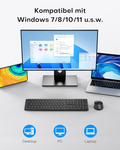 OMOTON Tastatur Maus Set Kabellos, Funktastatur und Maus 2,4 GHz in Voller Größe, QWERTZ Deutsches Kabellose Tastatur mit Maus für Windows 11/10/8/7, Desktop, PC, Laptop (Batteriebetrieben), Schwarz Bild 4