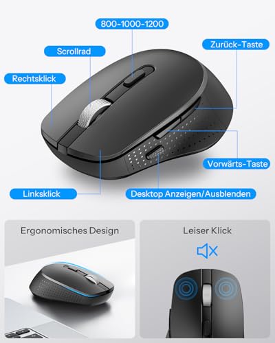 OMOTON Tastatur Maus Set Kabellos, Funktastatur und Maus 2,4 GHz in Voller Größe, QWERTZ Deutsches Kabellose Tastatur mit Maus für Windows 11/10/8/7, Desktop, PC, Laptop (Batteriebetrieben), Schwarz Bild 6