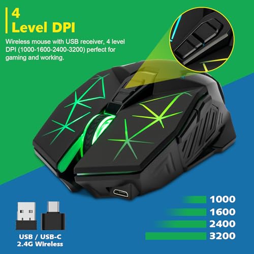 CHONCHOW Kabellose Gaming-Maus für Laptop mit Seitentasten für PS4/PS5/Xbox One, Wiederaufladbare PC-Maus mit 2.4G USB-Empfänger, 3200 DPI/7 Tasten/RGB-Hintergrundbeleuchtung, Maus Bild 5