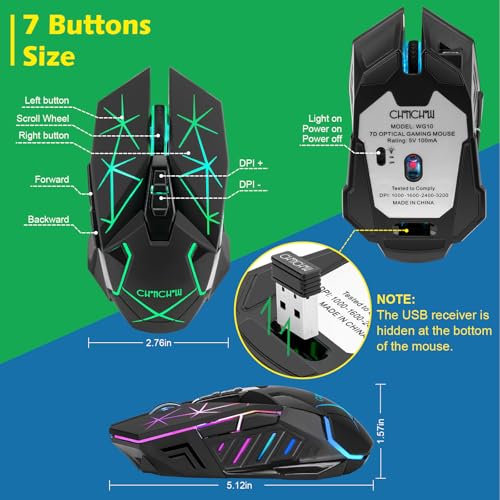 CHONCHOW Kabellose Gaming-Maus für Laptop mit Seitentasten für PS4/PS5/Xbox One, Wiederaufladbare PC-Maus mit 2.4G USB-Empfänger, 3200 DPI/7 Tasten/RGB-Hintergrundbeleuchtung, Maus Bild 7