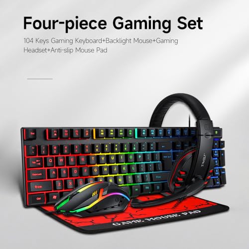 Ejoyous T-Wolf TF800 Gaming Set, 4-teiliges Gaming Set mit 104 Tasten Tastatur 4-Farben LED Maus Headset Mousepad für PC XBO X Switch Bild 2
