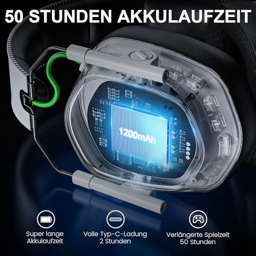 Wireless Gaming Headset für PS5, PS4, PC, Switch, Mobile,Mac, Laptop, 2.4GHz Faltbarer Gaming Bluetooth Headset mit Surround Sound, ENC Noise Cancelling Kopfhörer, LED Licht, 50 Stunden Akkulaufzeit Bild 3